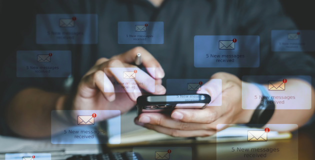 man on cellphone with phishing graphics